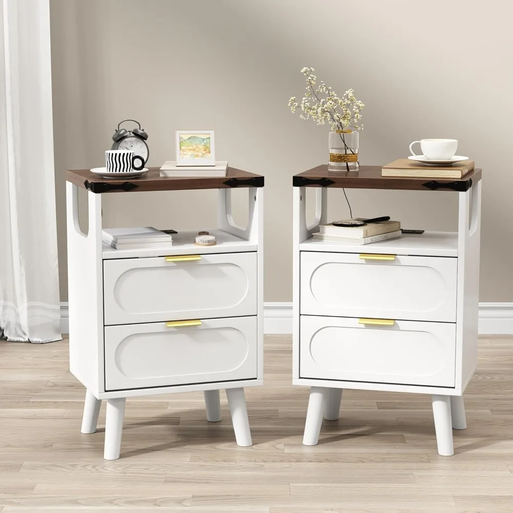 

2pcs Nightstand with Charging Station, Mordern Chest 2 Drawers Beside Table with Open Storage Shelf, Night Stand with Led Light,