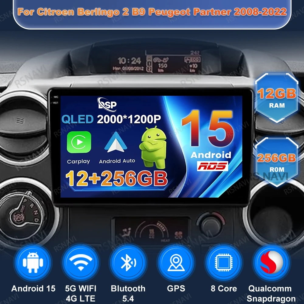 

Car Radio Andoird 15 For Citroen Berlingo 2 B9 Peugeot Partner 2008-2022 GPS 4G LTE Multimedia Navigation AUTO QLED 5G WIFI BT