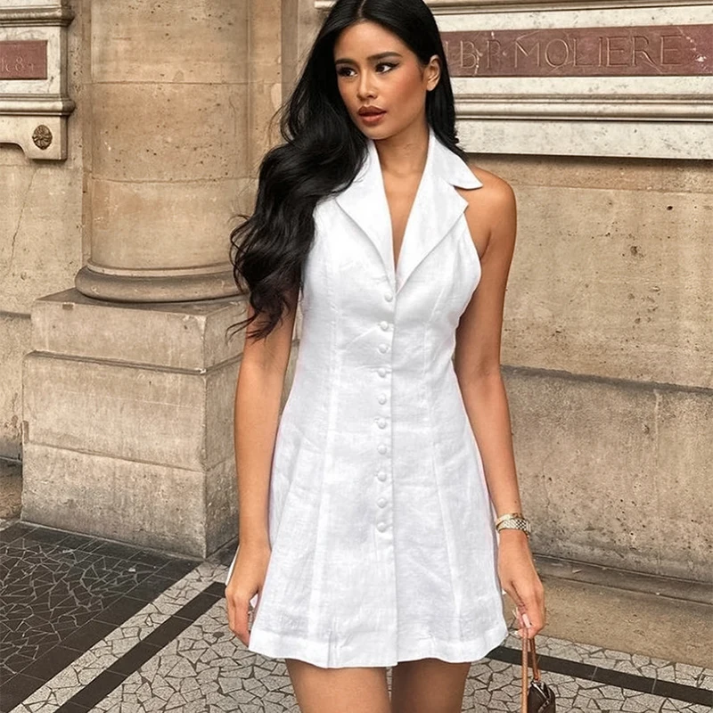 Новое белое женское мини-платье с висячим вырезом и лацканами, сексуальное платье без рукавов с открытой спиной, простое универсальное однобортное платье, Vestidos Новое белое женское мини-платье с висячим вырезом и лацканами, сексуальное платье без рукавов с открытой спиной, простое универсальное однобортное платье, Vestidos