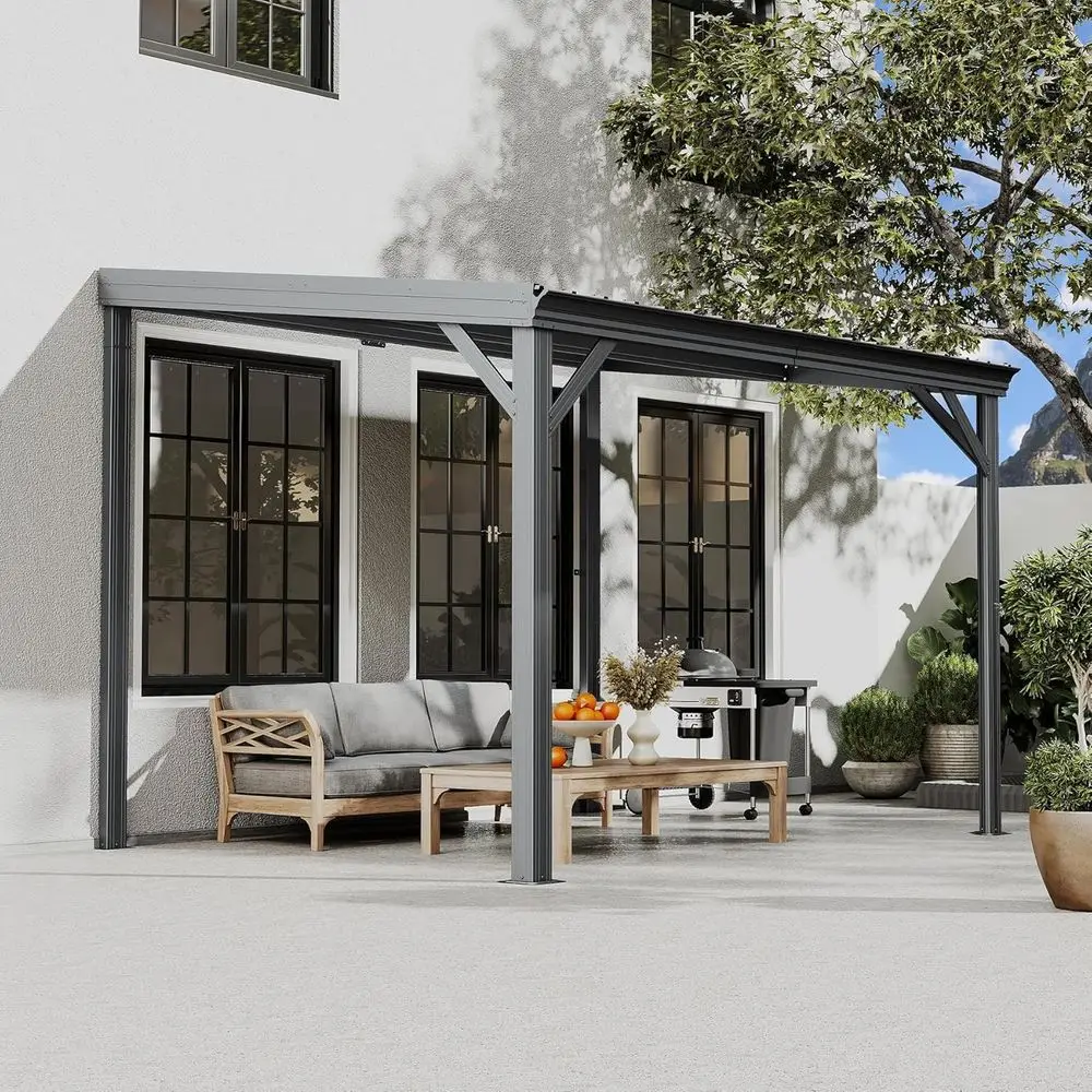 

Навесная беседка 8x10 футов с жесткой крышей, пристенная пергола с водостоками, оцинкованная стальная крыша, устойчивость к ветру до 60 миль/ч, для улицы, сверхпрочная