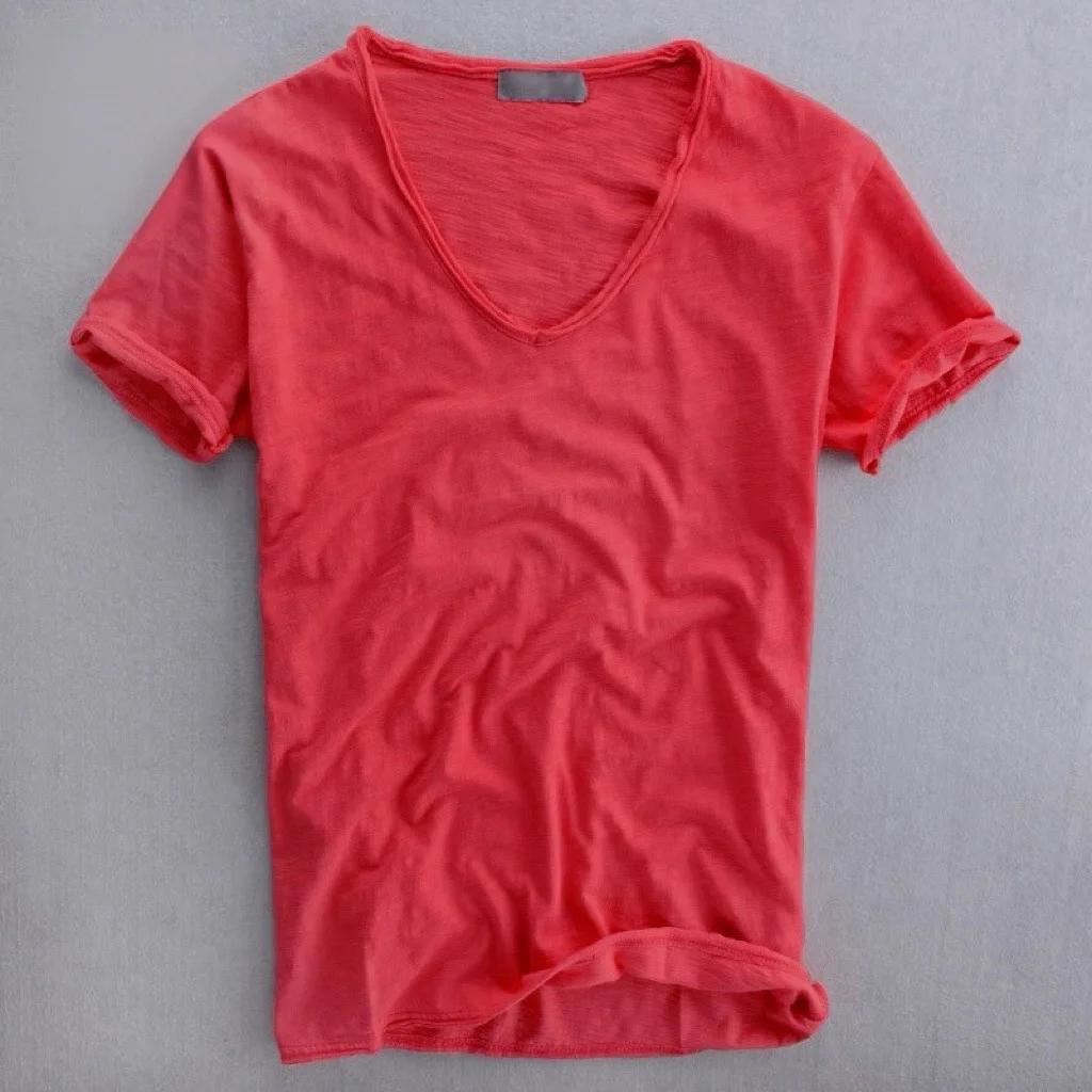 Summer Bamboo Cotton Men's Short Sleeve T-Shirt Simple Solid Color T-Shirt V-Neck Slim Fit Rough Edge Old Thin T