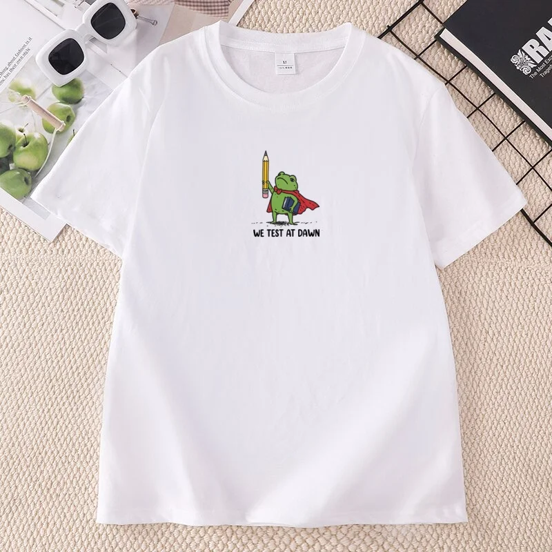 We Test At Dawn Funny Teacher Frog T Shirt Test Day Teacher T-Shirt Teacher Humor Tees Casual Round Neck Printed Tshirts Clothes
