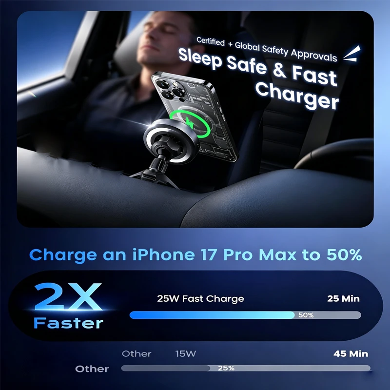 25W Schnelles Magnetisches Kabelloses Ladegerät für Auto-Lüftungshalterung mit 360° Rotation Handyhalterung für iPhone 17 Samsung Galaxy S26 Ultra Android – Detail 5