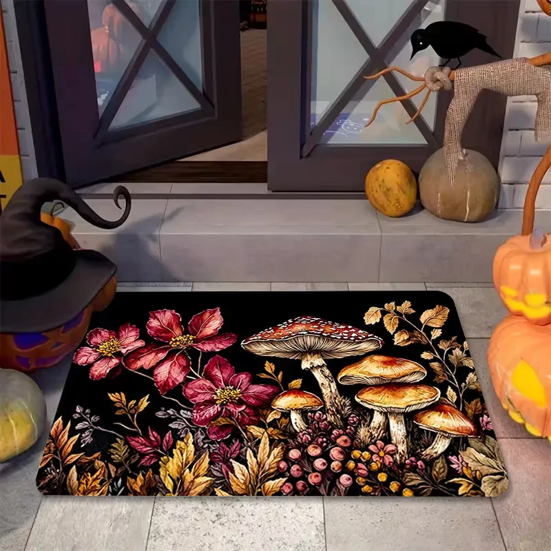 Vintage Mushroom Floral Doormat Dark Botanical Print Entrance Carpet Gothic Style Front Entry Floor Rug Indoor Porch Home Decor