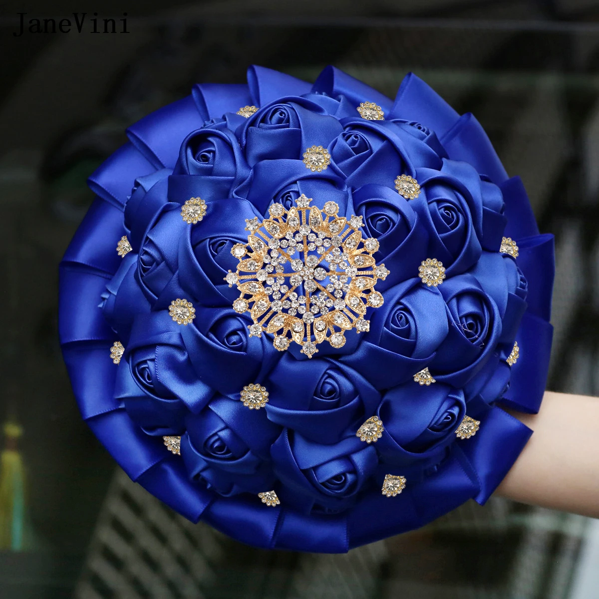 JaneVini Bling Gold Rheinstones Bridal Bouquets Artificial Satin Roses Royal Blue European Wedding Fake Flower Bouquet Hot Sale