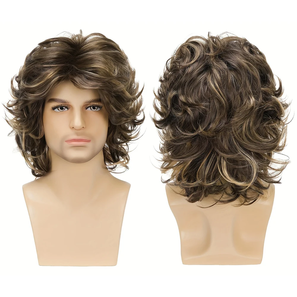 Men Medium Length Curly Wig Fluffy Brown Mixed Blonde Highlight Synthetic Heat Resistant Hair For Halloween Costume Party Daily