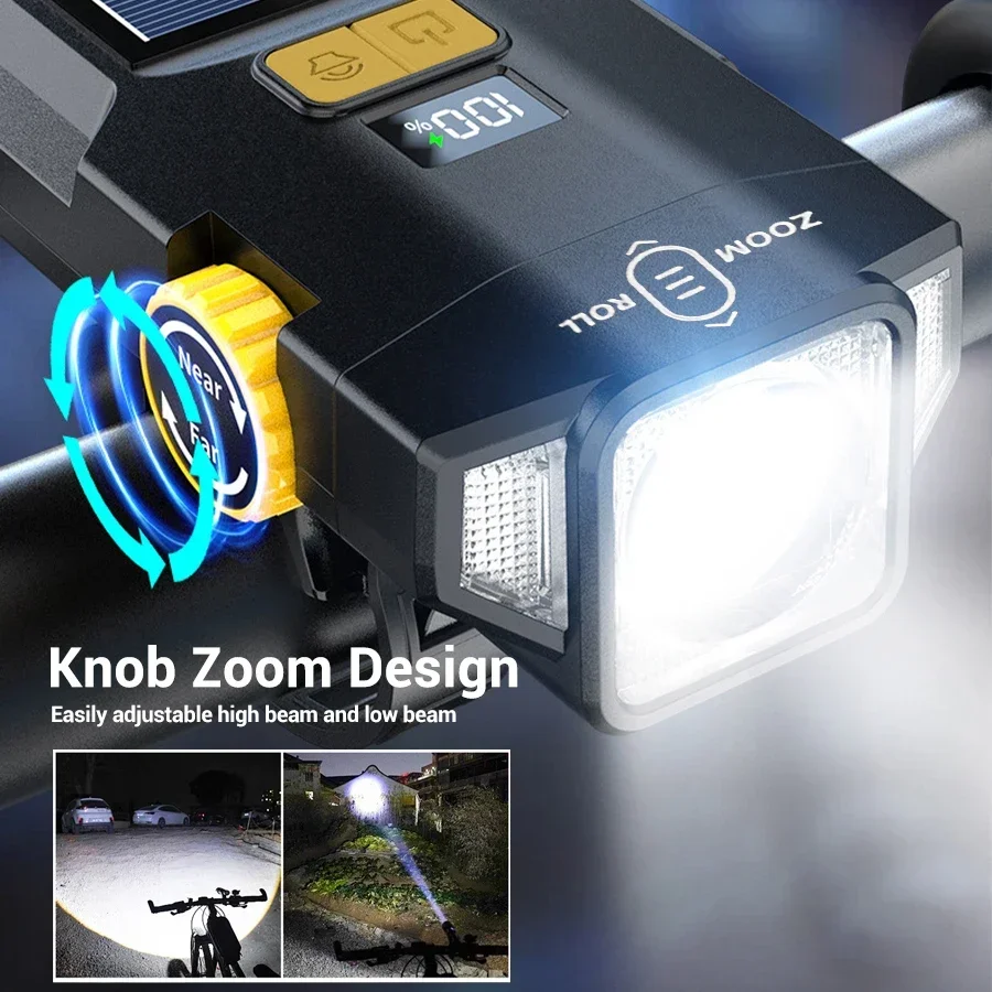 USB Rechargeable Solar Bicycle Light with Power Display MTB Mountain Road Bike Front Lamp Integrated Flashlight for Cycling Safe