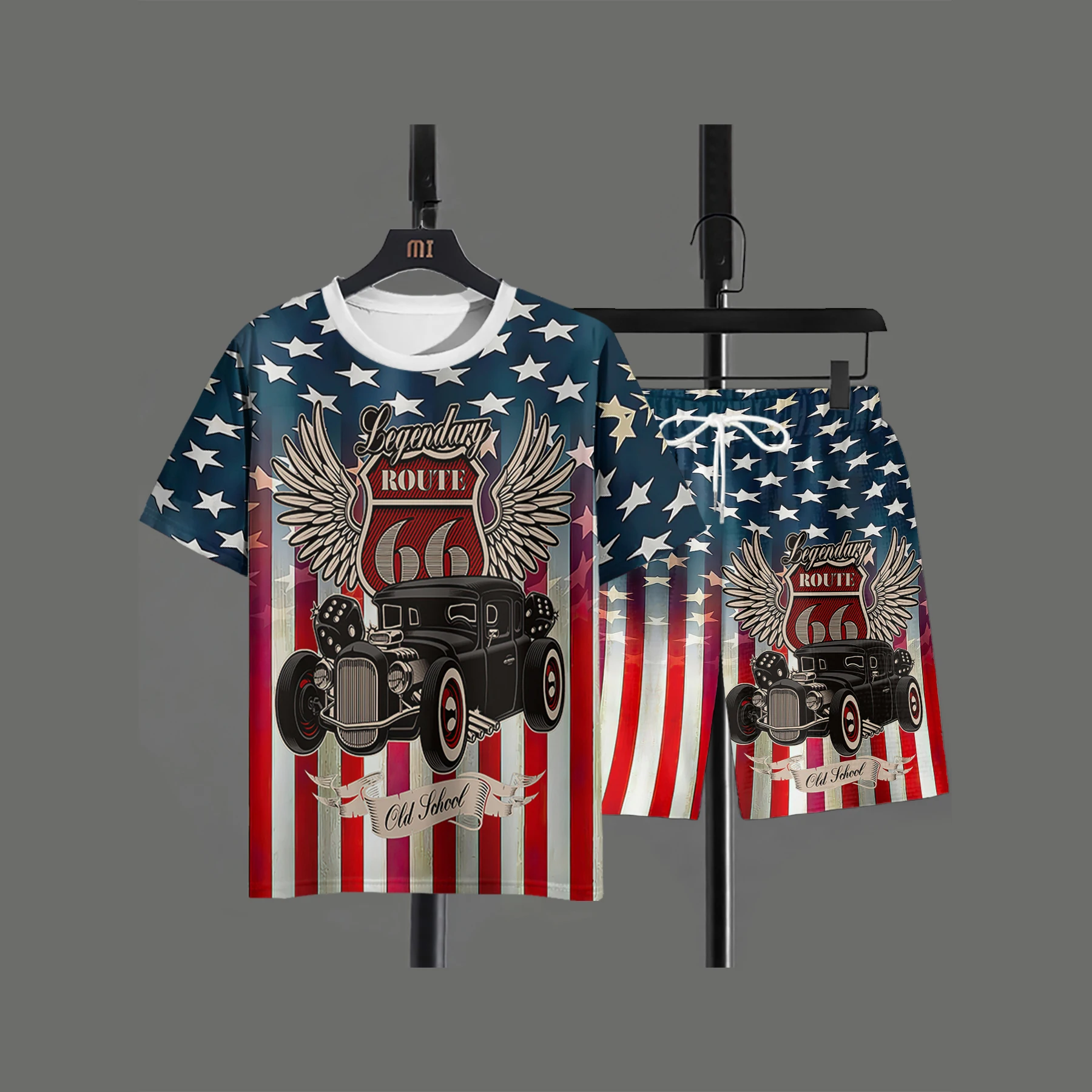 

Vinage Men's T-Shirt Pants Suit Route 66 O Neck Short Sleeve Casual Pullover Street Oversized Clothing Drawstring Pocket Shorts