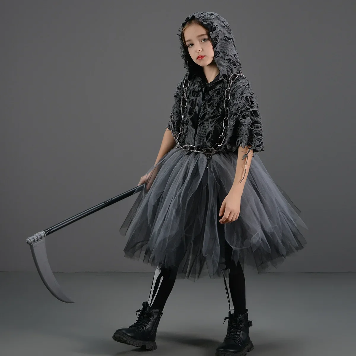 Kids Halloween Cosplay Scary Death Grim Reaper Costume Cosplay for Girls Child Tutu Dress + Cloak + Scythe Full Set 2-12Y Outfit view 3