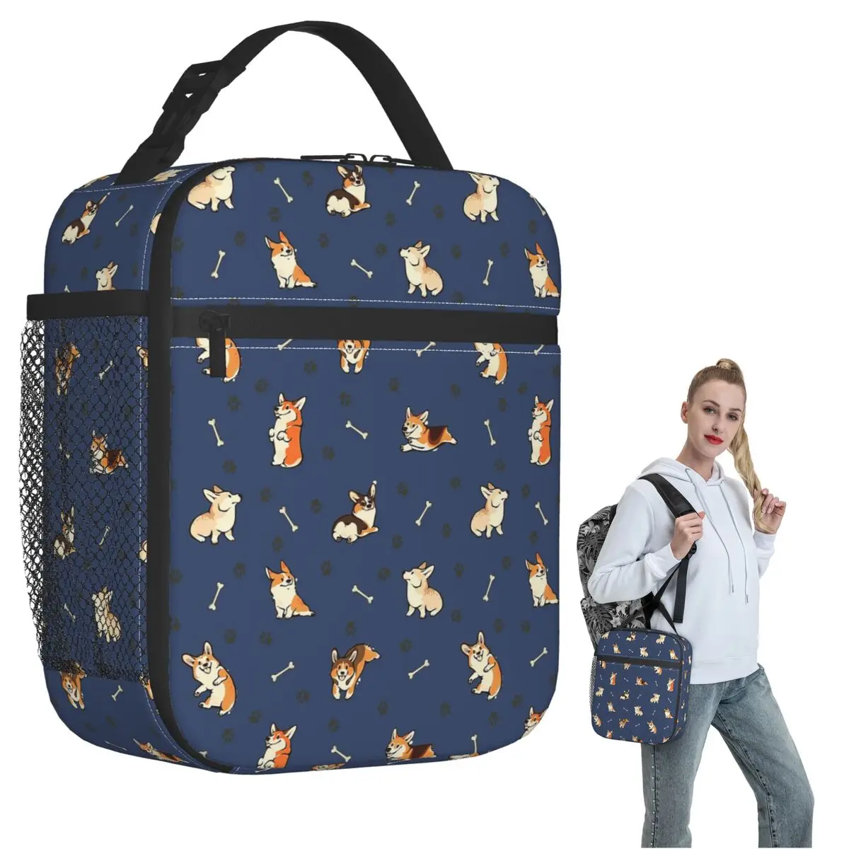 Cute Corgis And Footprint Pattern Insulated Lunch Bag for Women Kids Leakproof Food Boxes Thermal Lunch Box Tote