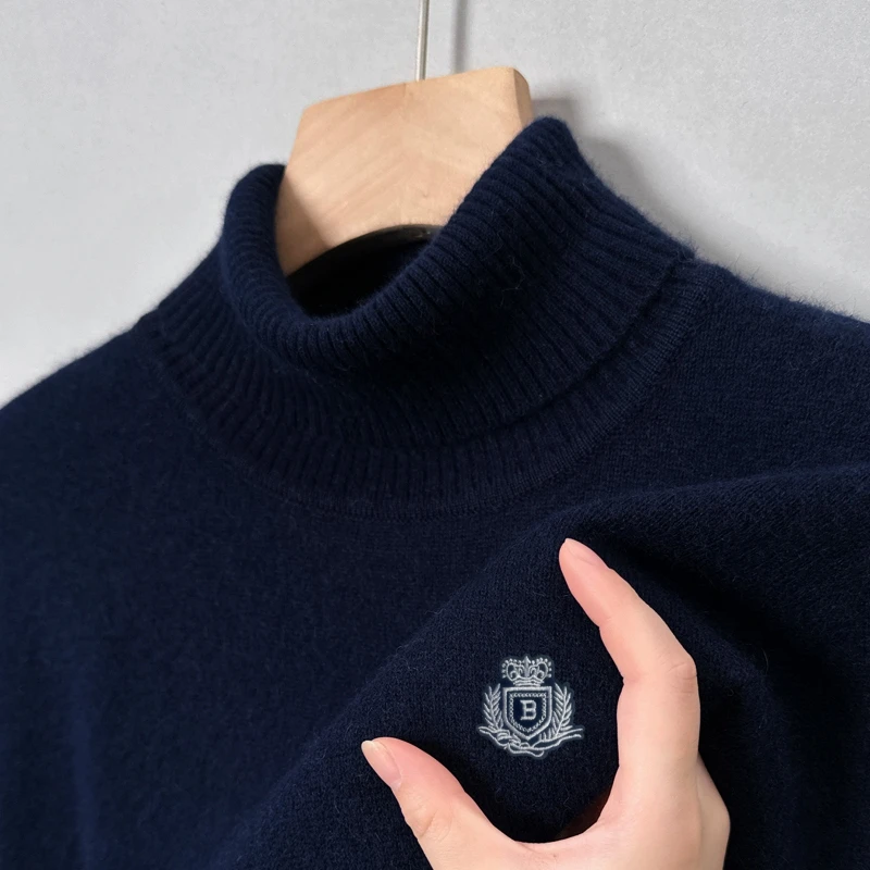 

Brand Luxury Men's Knit Pullover Turtleneck Ear of Wheat Embroid Wool Sweater Winter Janpan Velvet Business Warm Soft Menswear