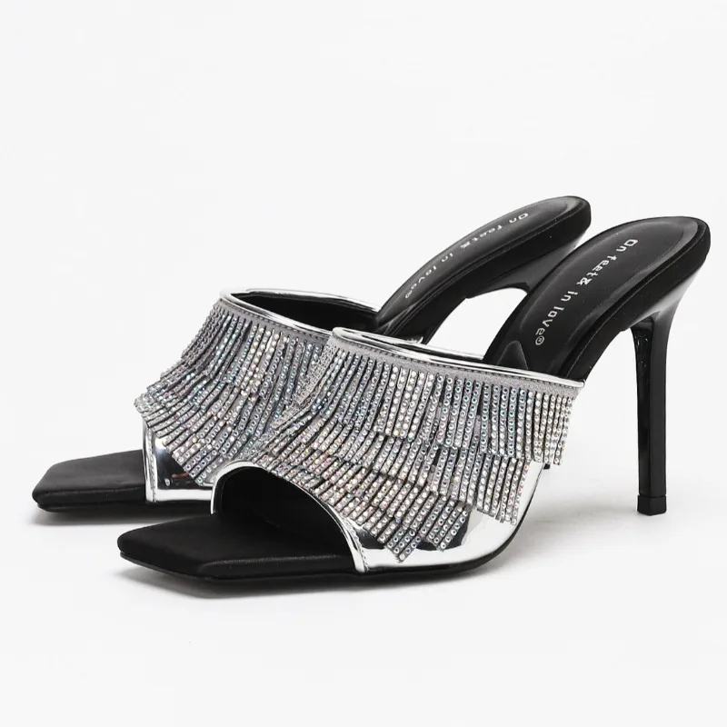 

Sexy Rhinestone Designer Thin Heeled Slippers Women Open Toe 2026 New Elegant Party Dress Shoes Tassel Luxury High Heels Sandals