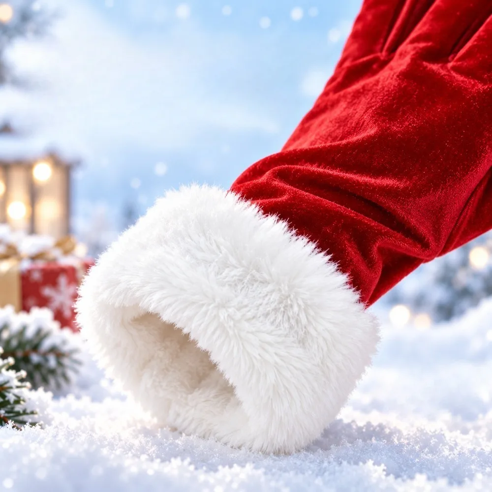 Christmas Velvet Gloves for Women Faux Fur Trim Plush Cuff Warm Full Finger Soft Festive Santa Thick Winter Solid Color