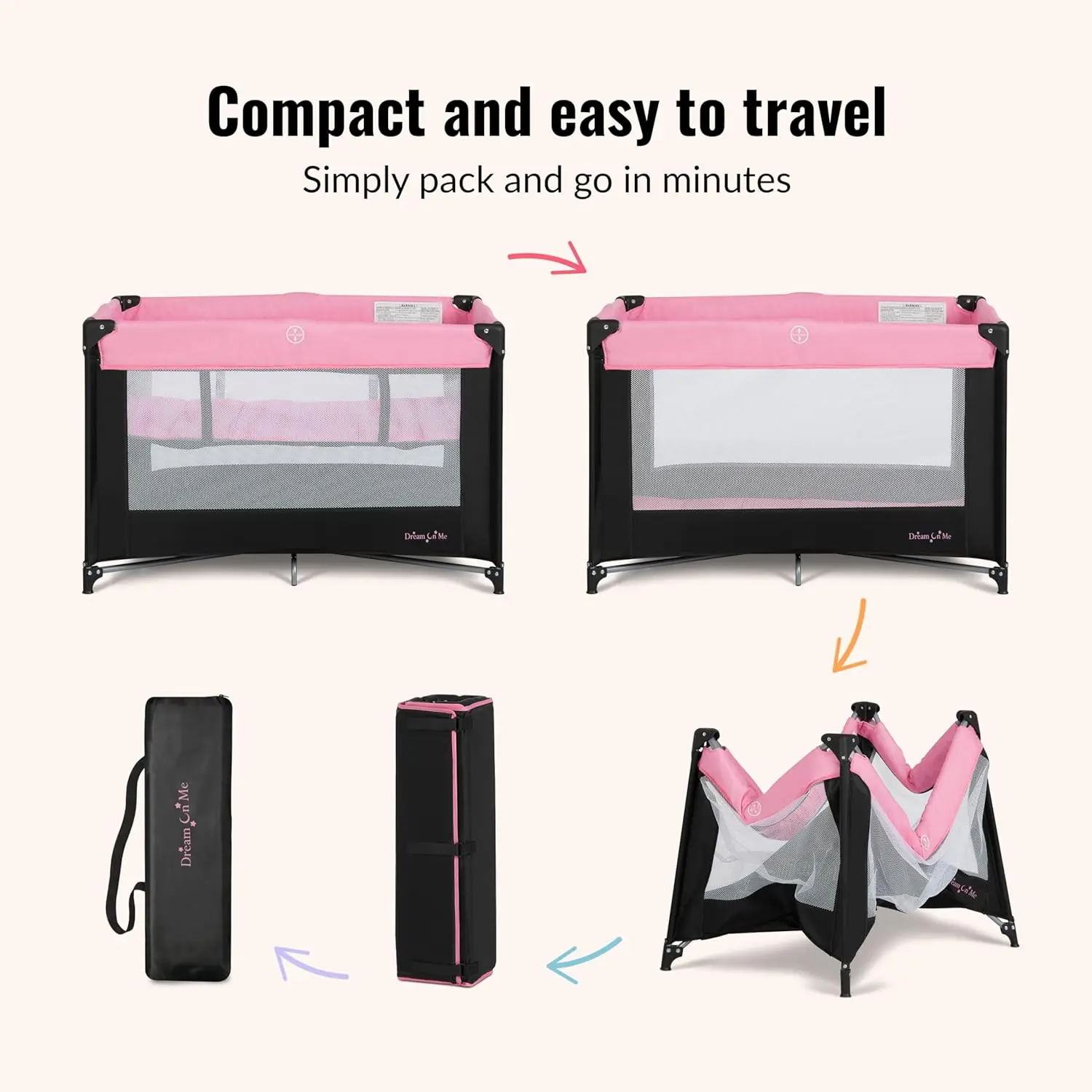 Gioco portatile con culla - 360 °   Rete, piega rapida, borsa da viaggio e materasso inclusi - Rosa