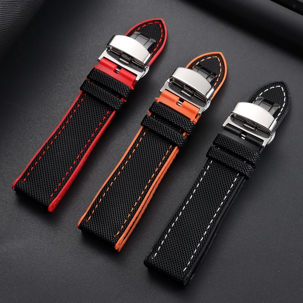 Nylon-Segeltuch-Gummi-Hybrid-Uhrenarmband 18/19/20/21/22/24mm für IWC, Tudor, Seiko, Omega mit Schmetterlingsverschluss – Detail 15