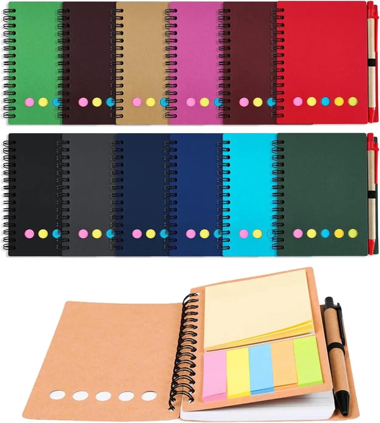 Kisdo Lined Spiral Notebook Kraft Paper Cover Notepad with Pen In Holder, Sticky Notes and Page Marker, Business Small Notebook