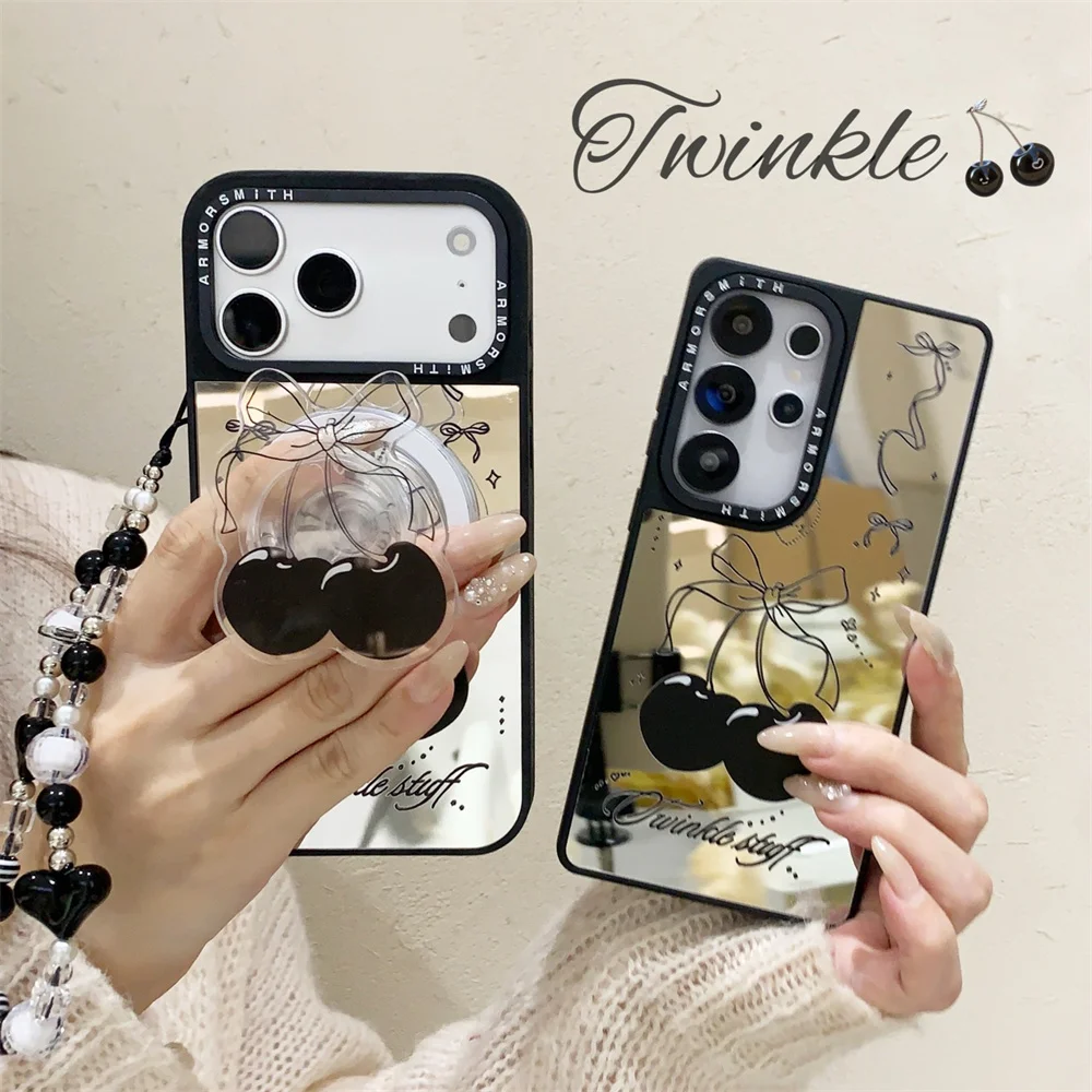 Korean Cute Cherry Love Mirror Magnetic Phone Case for iPhone 17 Pro Max 13 14 15 plus 16 Pro Cover With Magsafe 3D Stand Chain
