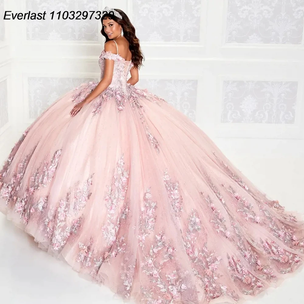 EVLAST-Vestido De quinceañera rosa brillante, Vestido De baile, apliques De encaje Floral 3D, cuentas con capa, dulce 16, 15 años, TQD359