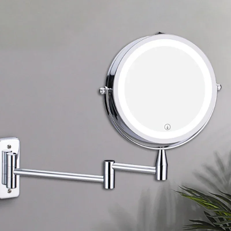 Wall Mounted Folding Arm Extend Bathroom Mirror With LED Light 10X Magnification Double Side Touch Dimming Makeup Mirrors