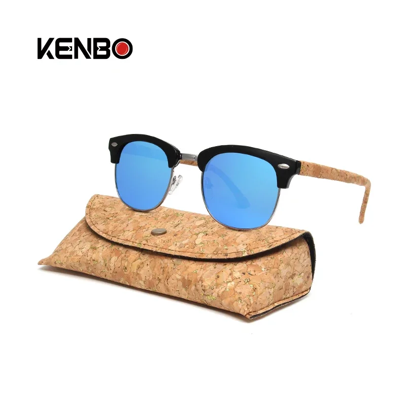 Kenbo Half Frame Polarized Wood Sunglasses With Case Man Woman Luxury Brand Designer Sun Glasses Male Retro Rivet Mirror Eyewear