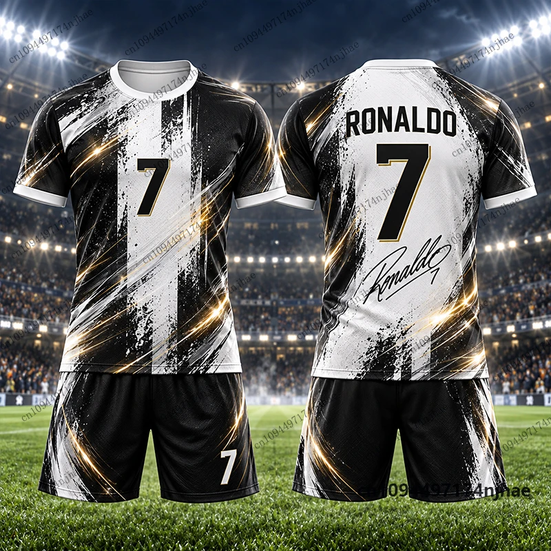 2-teiliges Outfit Trainingsanzug für Kinder Ronaldo # 7 Bedruckte T-Shirt- und Shorts-Sets, Fußballtrikot-Set, Sportbekleidung für Kinder/Erwachsene – Detail 7
