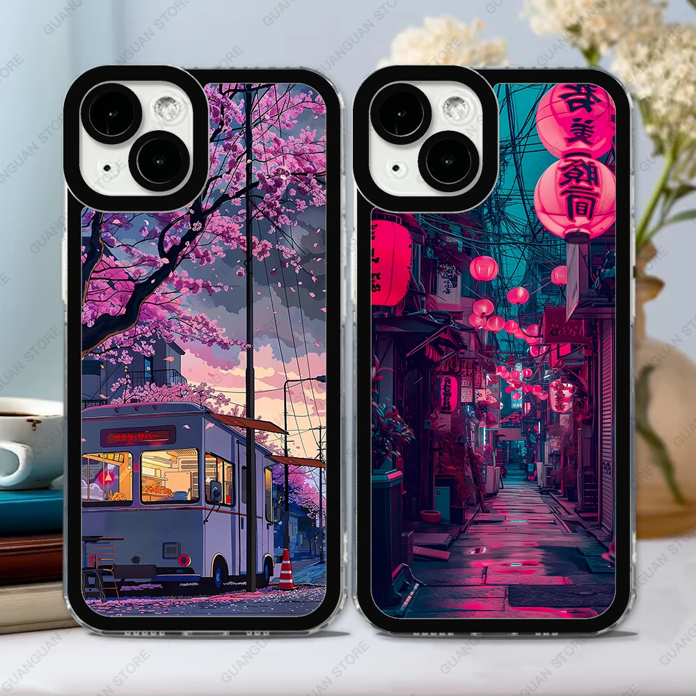 Case For iPhone 15 14 13 Pro Max 12 Mini 11 XS X XR SE 7 8 Plus Soft Cover Japanese Night Scene