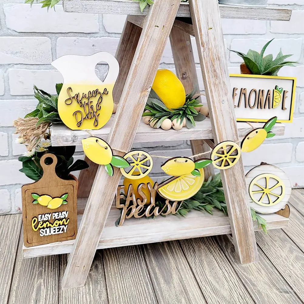 

7 Pcs Layered Tray Decorations Rustic Wood Lemon Themed Small Kitchen Desktop Farmhouse Party Ornament Home Office Decor