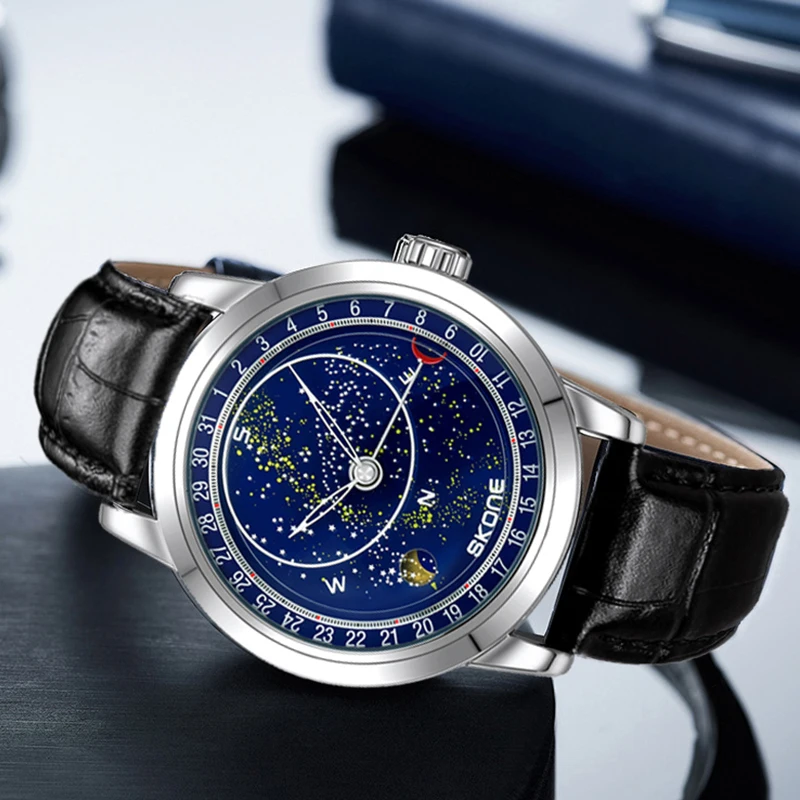 นาฬิกาข้อมือผู้ชายกันน้ำนาฬิกากลไกอัตโนมัติสำหรับผู้ชายดีไซน์เพชรดาวเรืองแสงของแท้