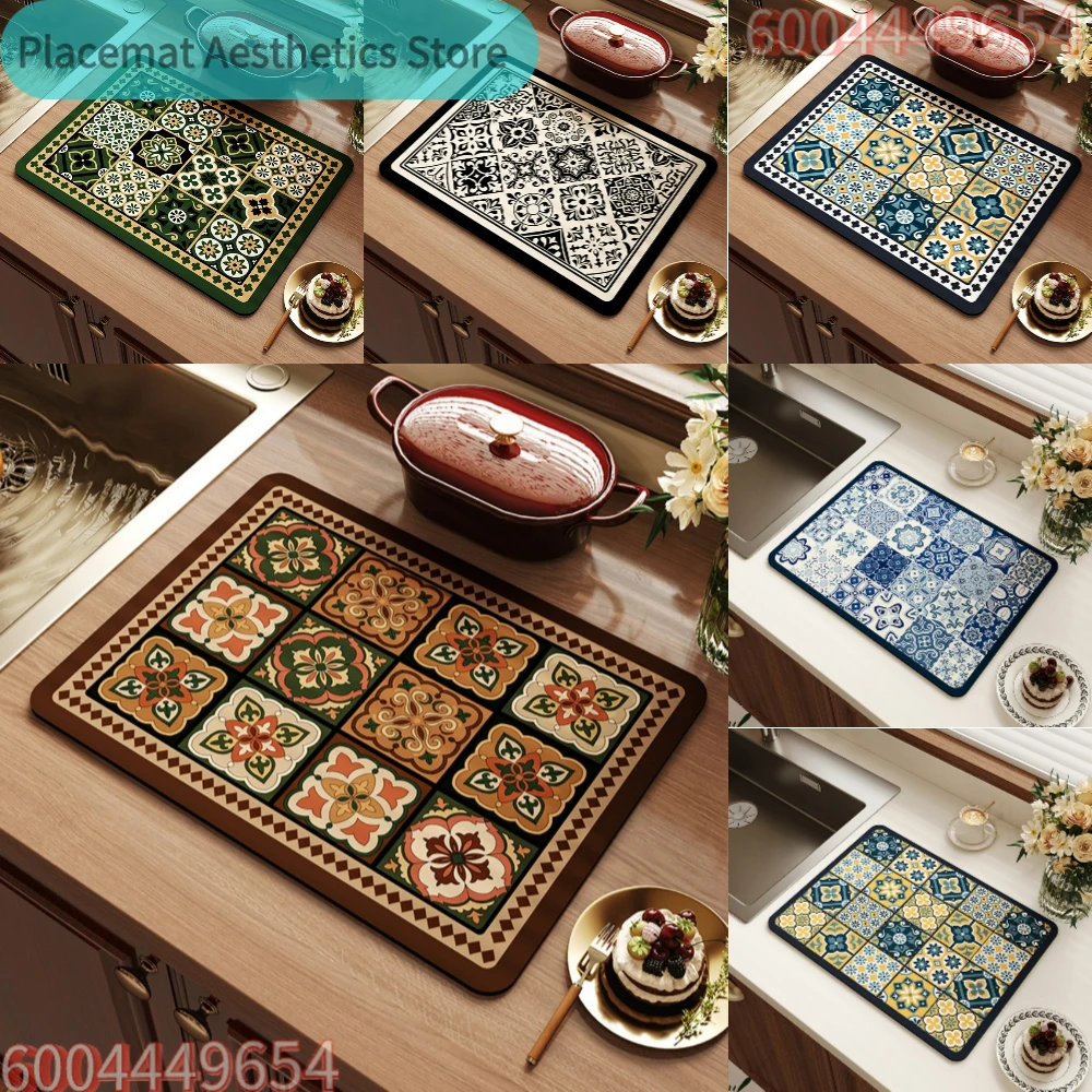 Retro Bohemian Persian Print Diatom Mud Rubber Kitchen Absorbent Mat Coffee Machine Drainage Pad Cup Drying Mat Gift HOME Decor