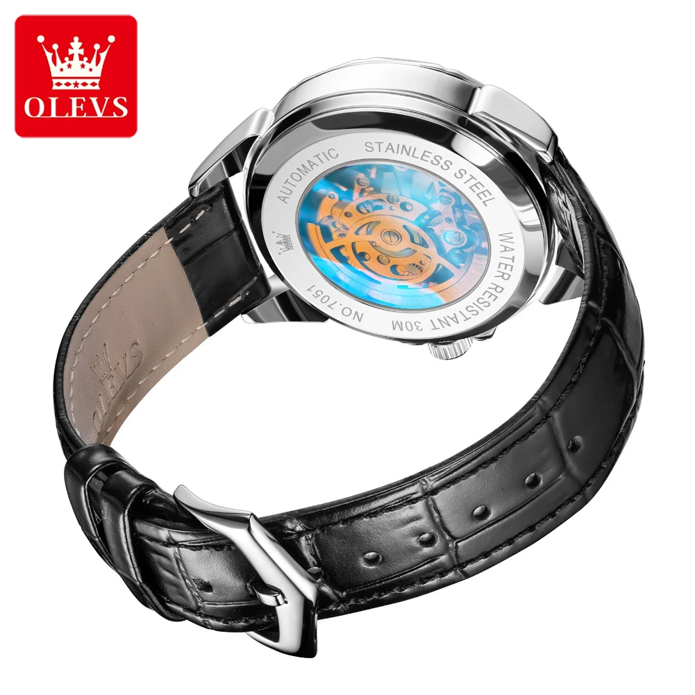 OLEVS 7051 Original Brand Men's Watch Casual Leather strap Waterproof Automatic Mechanical Watch Luminous Skeleton Wristwatch