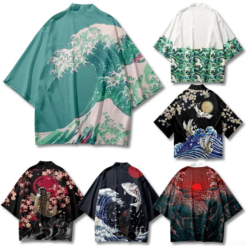 

Summer Casual Cardigan Japanese Ukiyo-e Wave Kimono Cloak 3D Digital Printing Home Bathrobe Feather Weaving