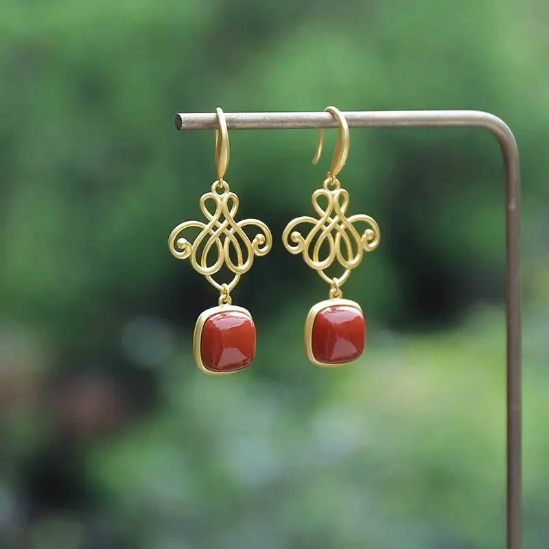 Natural Hotan red tourmaline Chinese Knot Earrings  style retro court  light luxury elegant women's silver jewelry