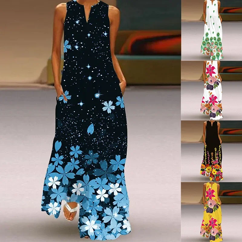 

Flowers Print 2025 White Dresses Casual Elegant Spring Summer Long Dresses Woman Sleeveless Beach Party Dress Women Pockets