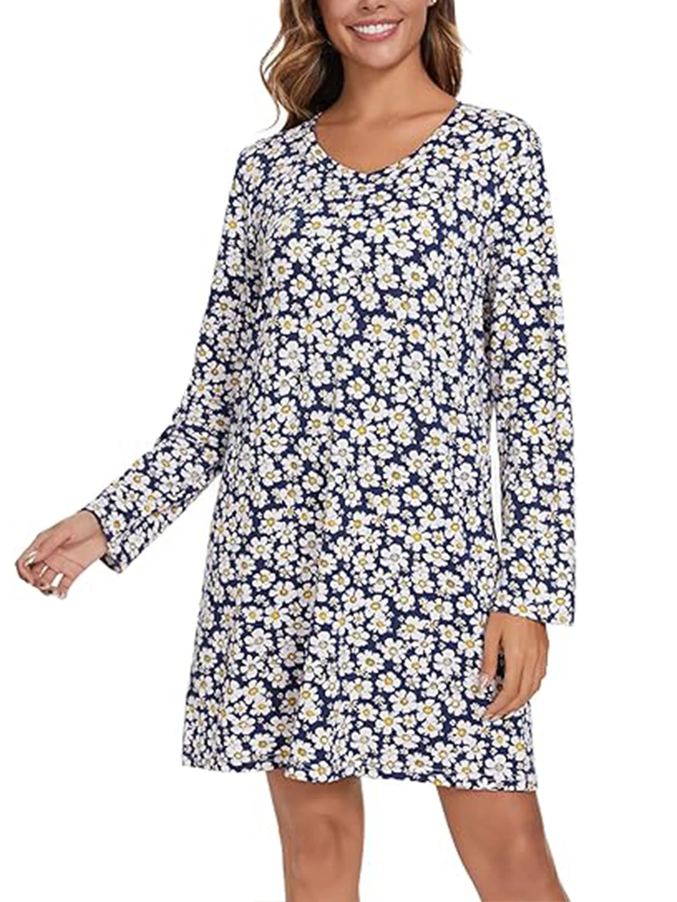 2pcs Ditsy Floral Nightdress Set Soft Stylish V Neck Long Sleeve Sleep Dresses For Women Casual Feminine Sleepwear Ensemble