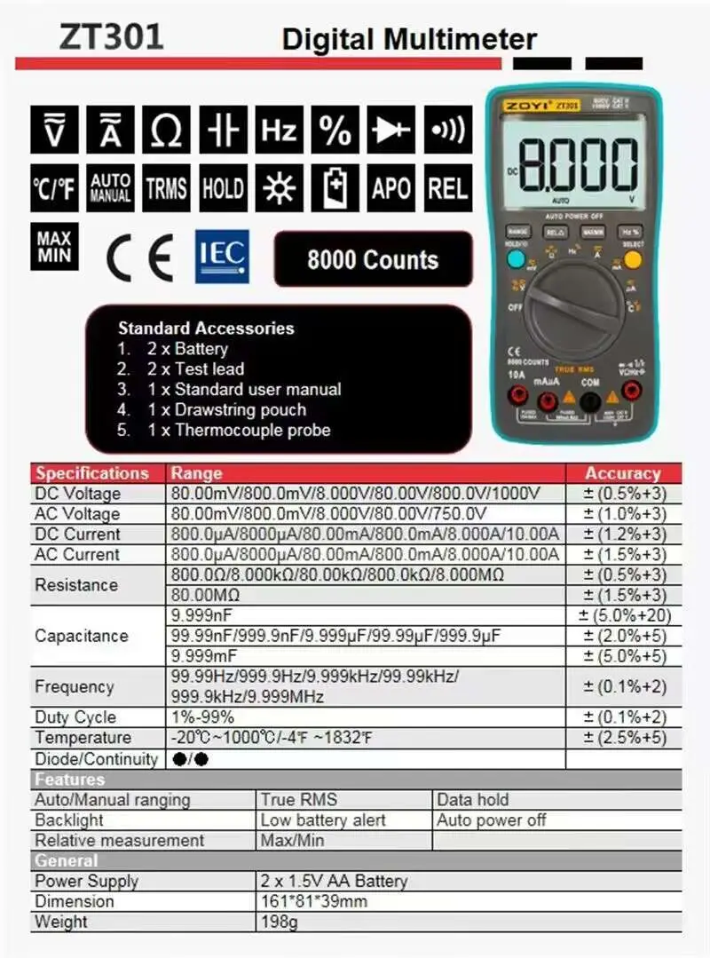 Digital Multimeter ZT 301/302/303 True RMS Auto Range Ammeter Voltmeter Smart Capacitor Temperature NCV Ohm Hz Tester