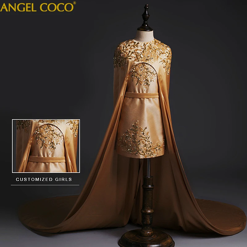 

Teens Gold Evening Dress Kids Clothes For Girl Children Long Trailing Princess Dress Girl Party Wedding Costume Beauty Pageant