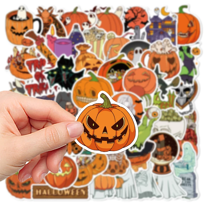 50PCS Funny Halloween Pumpkin Ghost Stickers Humorous Pumpkin Head Self-adhesive Decals Water Bottle Guitar Laptop Luggage Toys