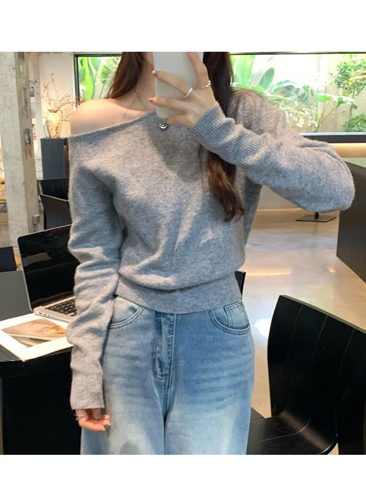 

Soft Wind oulder Bared One-oulder Wool Knitted Sweater Women's Autumn Winter New Sle Versatile Waist-Cinching Slimming Top