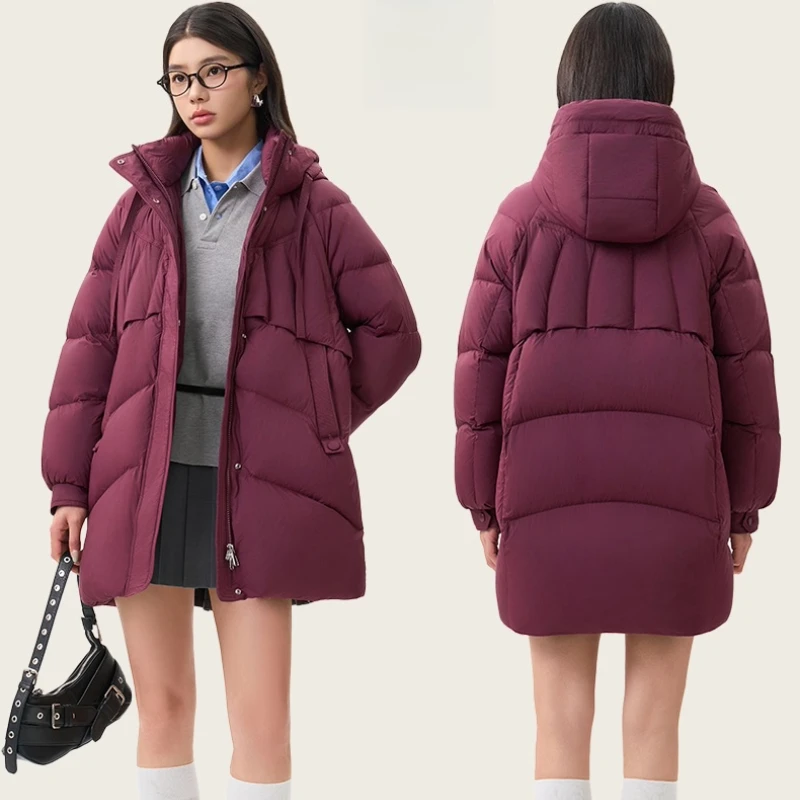 Chericom Women's Mid-Length Down Jacket 2025 Winter 3D Contoured Slim Fit Hooded Thermal Solid Color Windproof Coat Y309157Y
