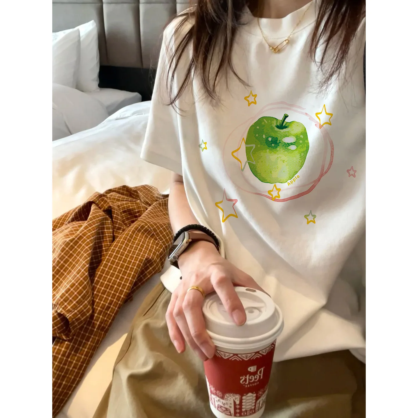 Ladies' Soft Healing Apple Print Short Sleeve Top Pure Color Loose Fit Casual Style Round Neck Top Comfortable Summer Trendy Tee
