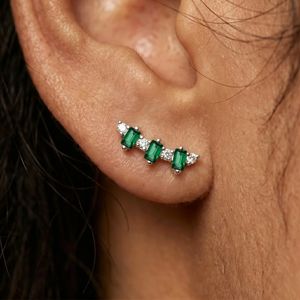 2*3mm Emerald Cut Moissanite Stud Earrings for Women 100% S925 Sterling Silver Smile Baguette Diamond Ear Climber Trendy Jewelry