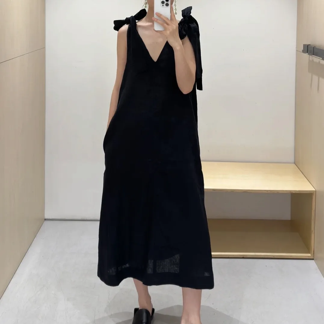 

Women's Fashion Clothing Lace-up Sling Midi Dress Sleeveless Loose Fit Lady Long Dresses for Spring Summer