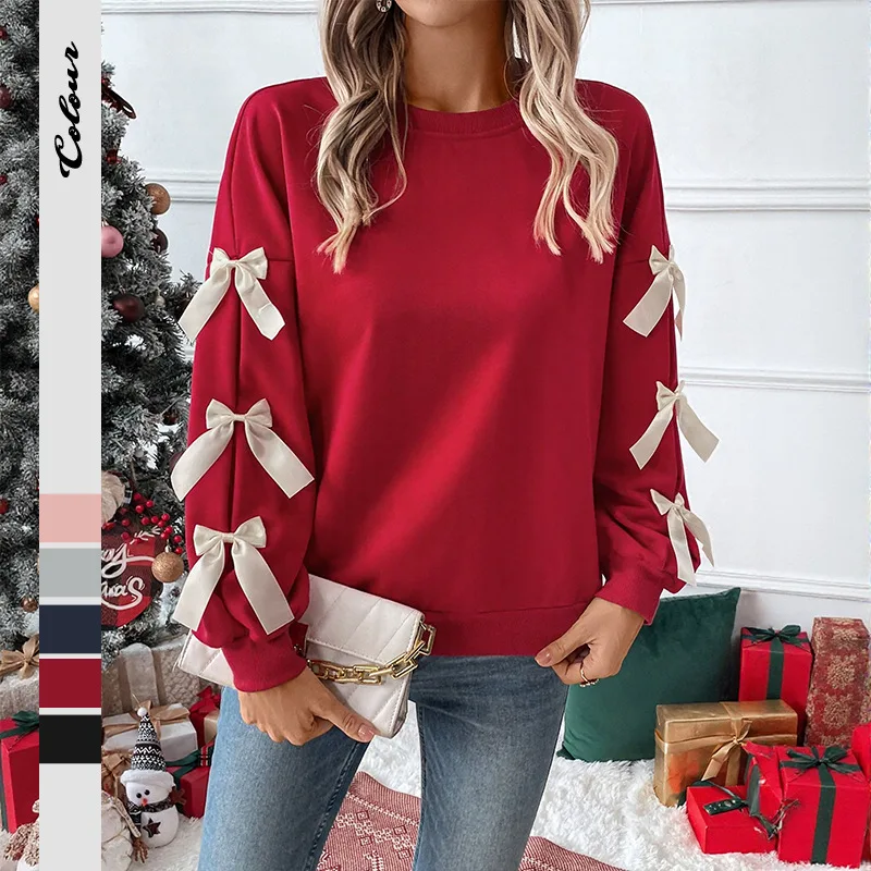 Christmas Sweet Style Women'S Crew Neck Bow Decor Red Sweatshirt Casual Daily Wear Warm Pullover Top For Holiday Party