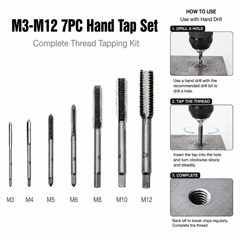 M3-M12 Hand Tap Square Handle Straight Groove Thread Tapping 7pc Tapping Internal Thread Tool Set