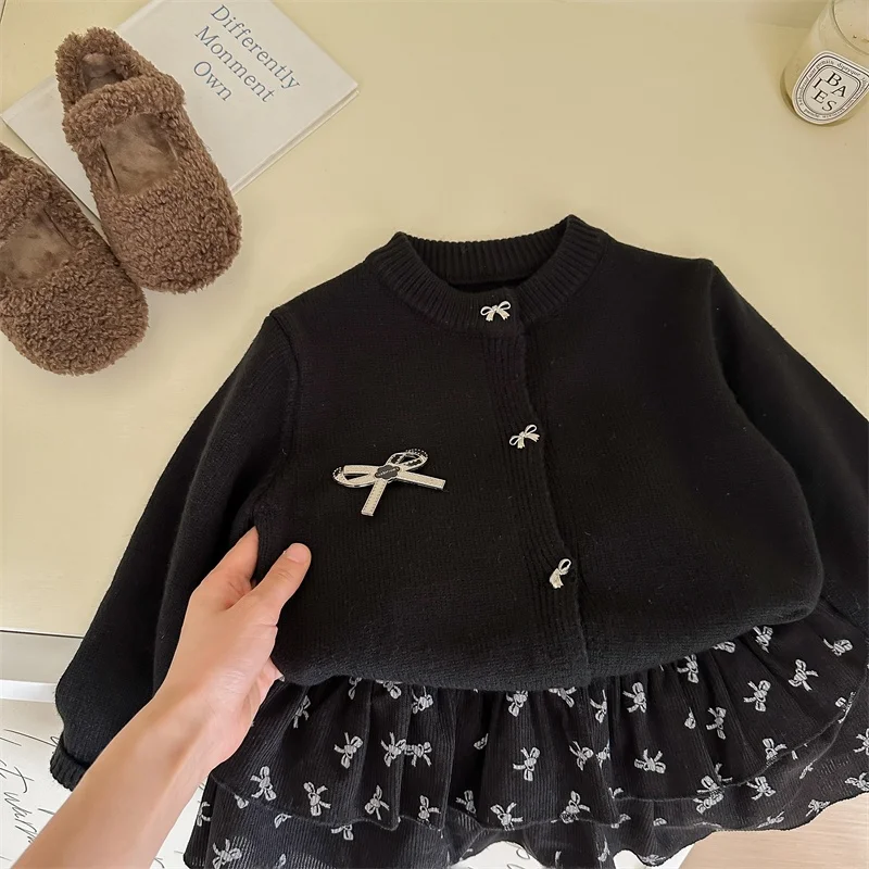 Girls'  Knot Knitted Cardigan Short Skirt Set Korean Style Fashionable Jacket Cake Skirt Trendy Autumn Outfit for Kids