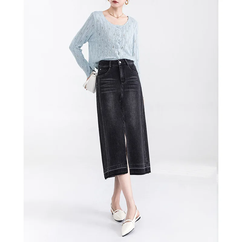 Francuska spódnica z rozcięciem w stylu retro, zmysłowa konstrukcja, szorstka kowbojska spódnica do połowy ciała. Damskie wiosenne nowe spódnice średniej długości z wysokim stanem