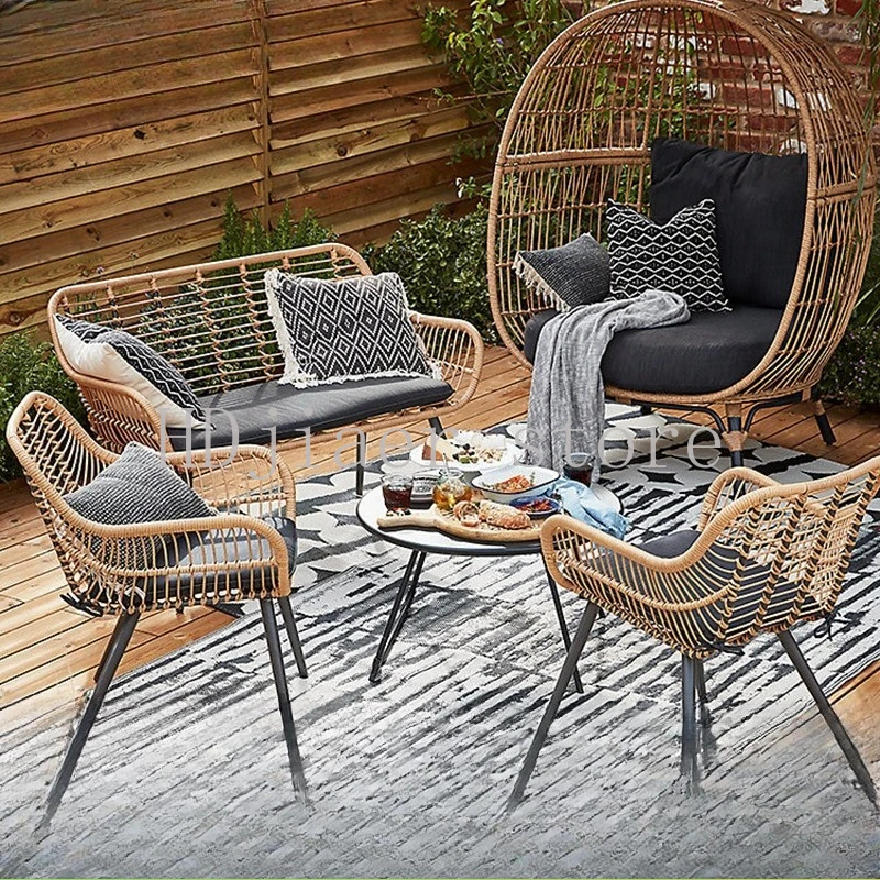 

Outdoor Waterproof Rattan Furniture Set Balcony Table Chair Hanging Basket Lounge Bed Courtyard Lazy Recliner Sofa Bed For Villa