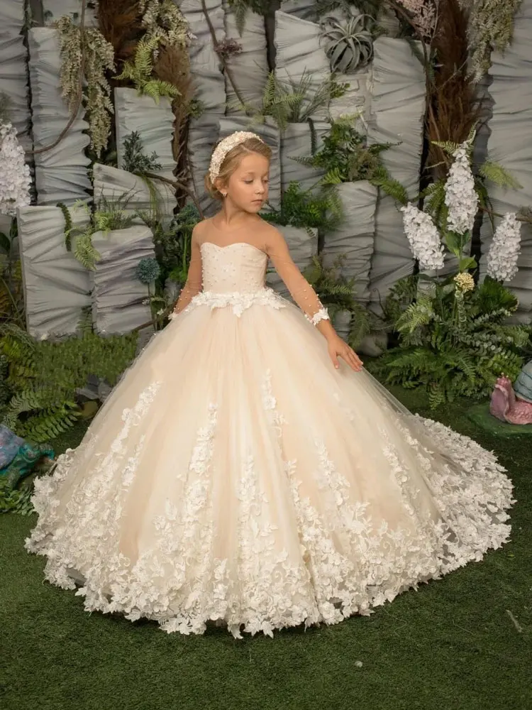 Vestidos de princesa de encaje con flores color champán para niña, mangas transparentes, apliques, vestidos largos para niña, vestido Formal de fiesta de cumpleaños y comunión