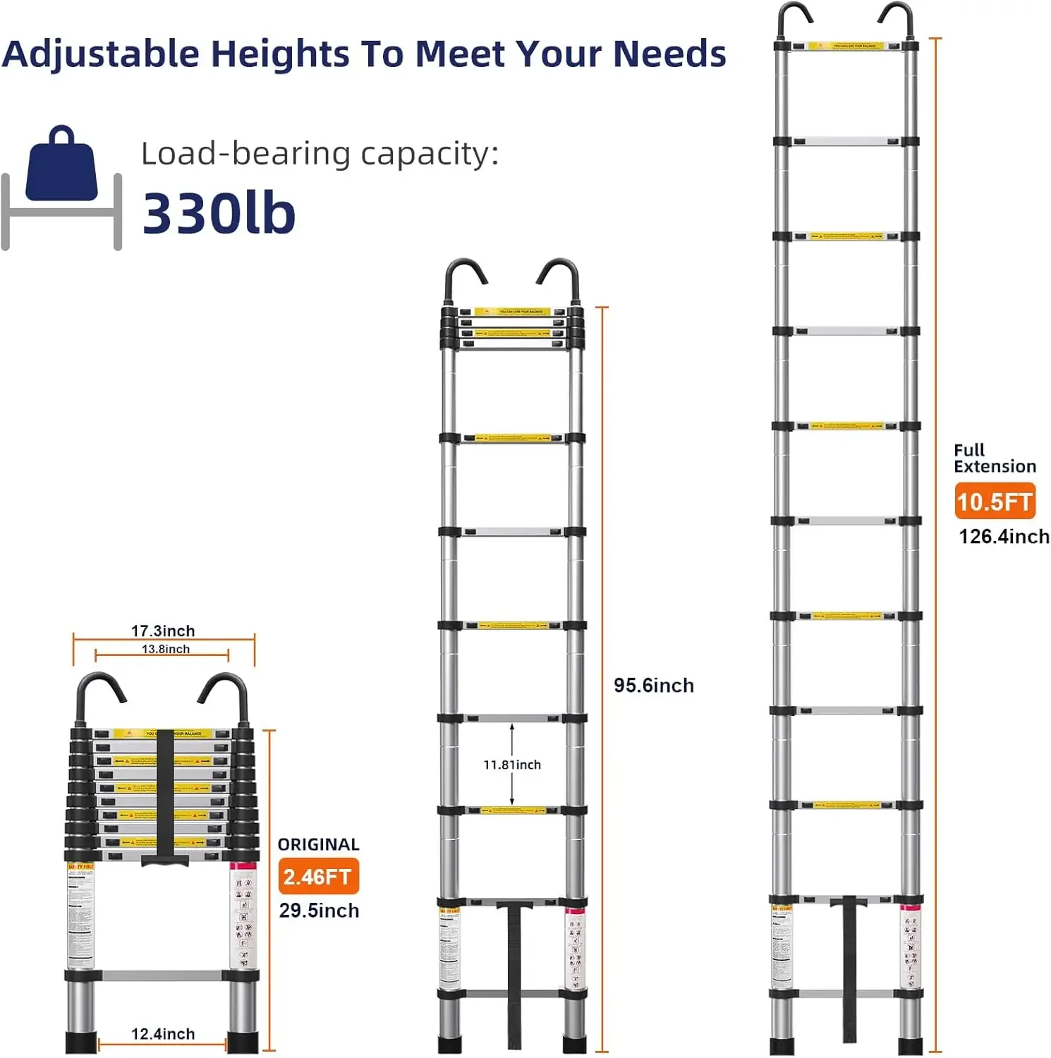 10.5ft Telescoping Ladder, Multi-Purpose Collapsible Ladder with Hook, Aluminum Extension Ladders for Home, Folding Telescoping