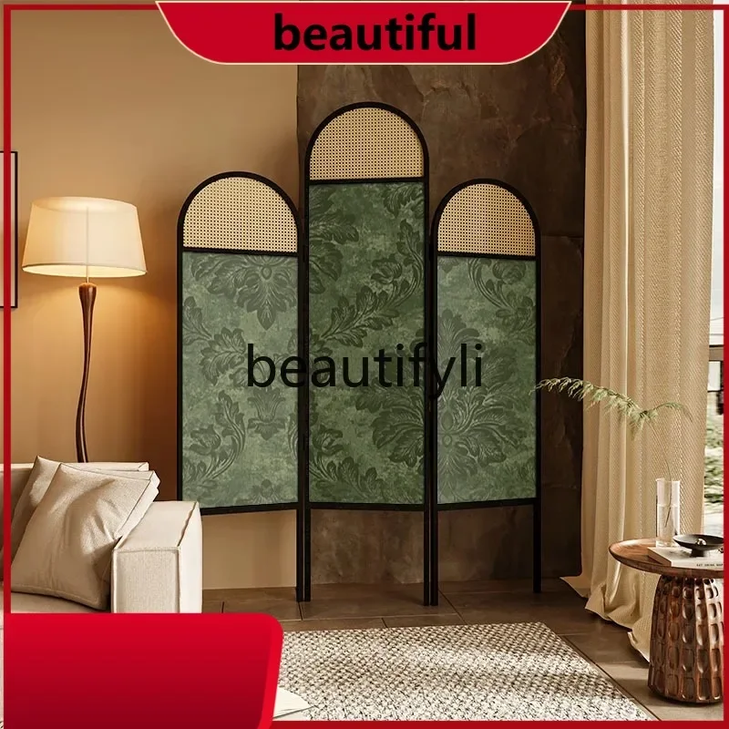 

French medieval green leaf screen home partition living room porch cover dining room bedroom solid wood rattan folding screen H